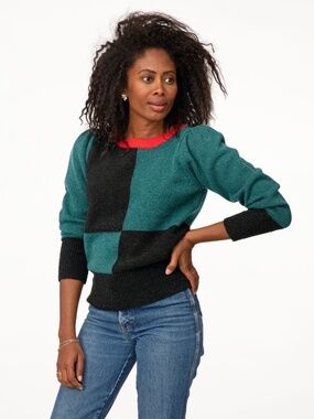 Claire V Marielle Black Deep Sea Grand Checker Sweater Size S